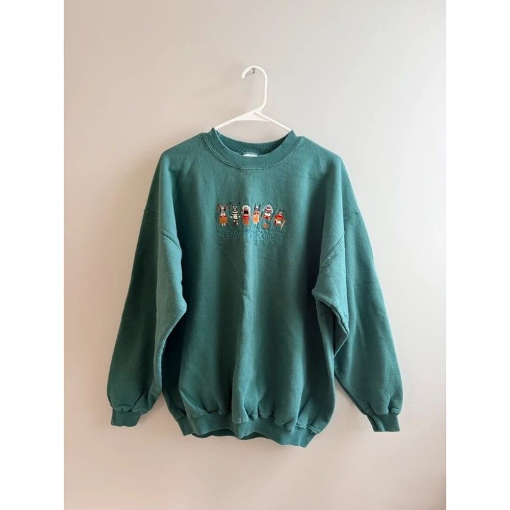 Vintage New Mexico Embroidered Sweatshirt Teal Green Crewneck, fall, outdoors